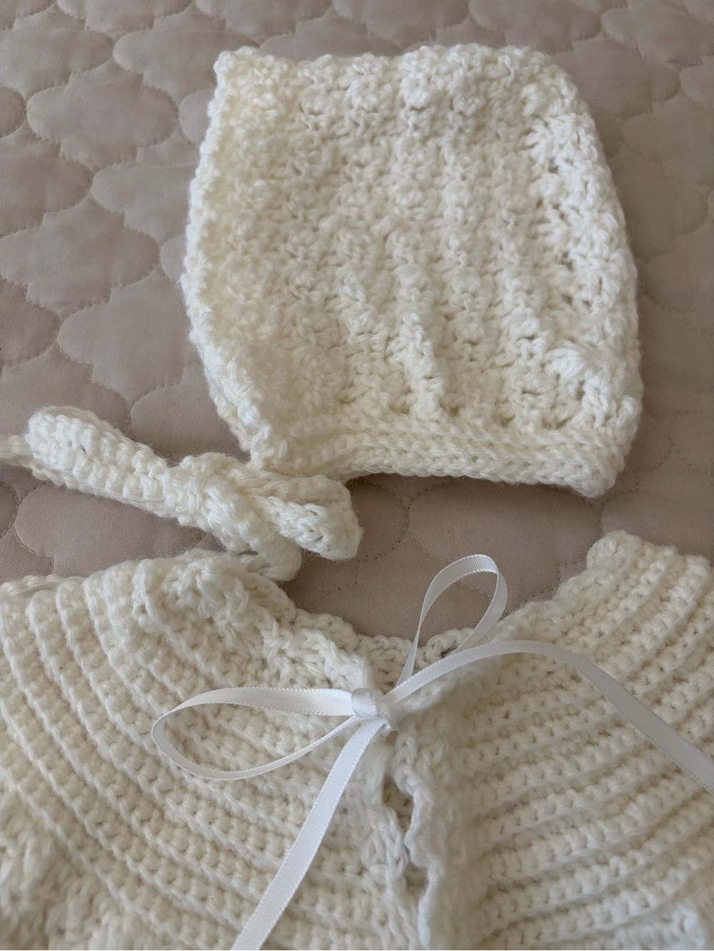 Handmade Crocheted Baby Set - Cream Blanket & Jacket with Bonnet - Picture 3 of 4